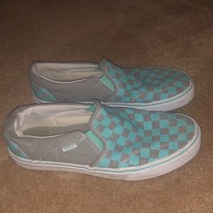 Teal/Grey Checkered Slip-On Vans Size 9 (Women)